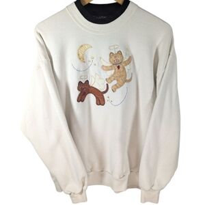 Vintage Top Stitch Cat Kitty Angel Grandma Cottage Core Crenweck Sweater Size XL